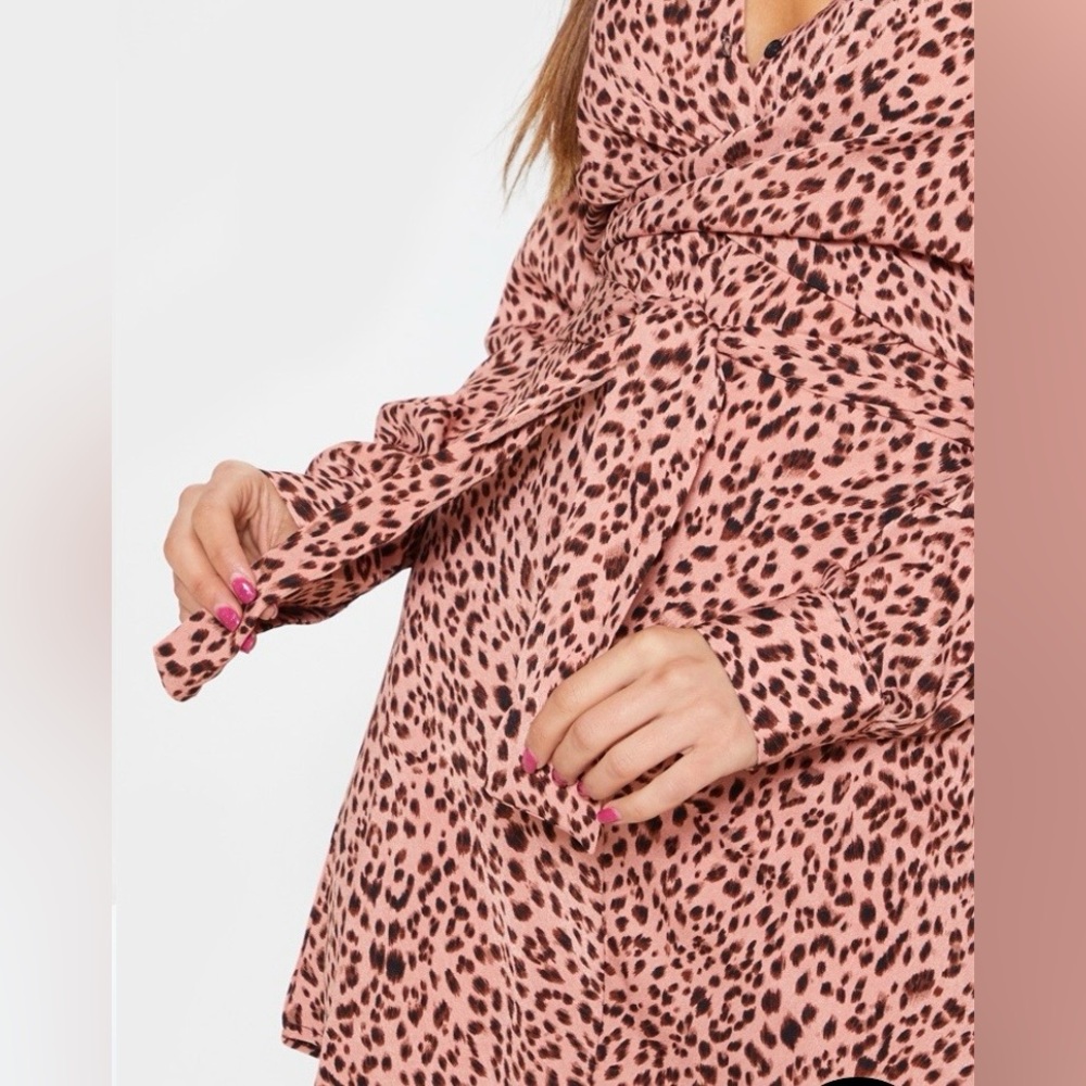 Pink Leopard Print Tie Waist Collarless Shirt Dress 4 - Picture 5 of 7